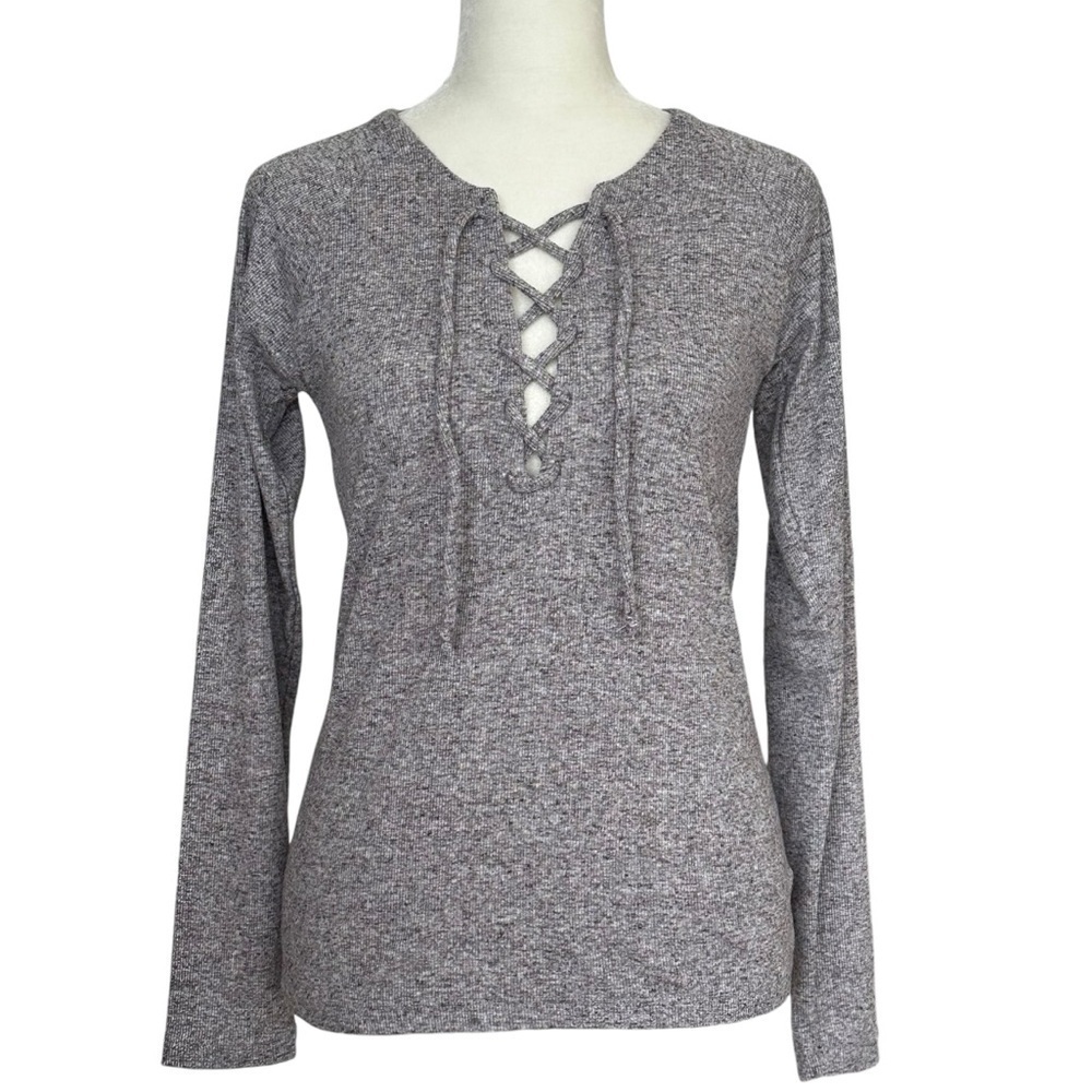 NEW CHASER Long Sleeve Lace-up Tee‎ Tie Front Space Dye Body Con Top Size Small